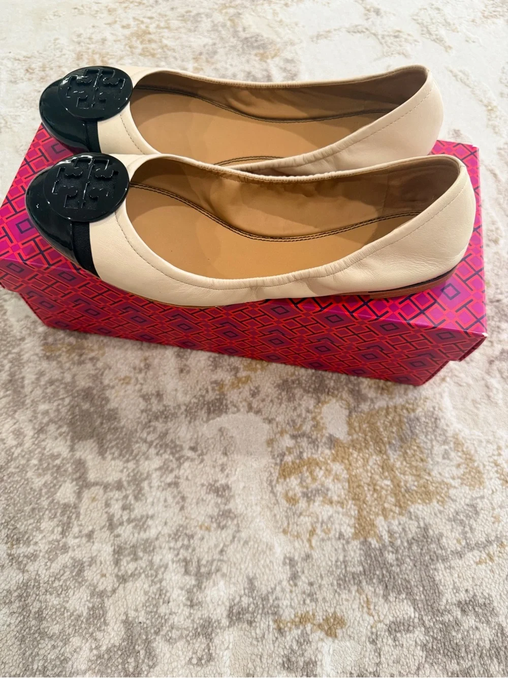 Tory Burch Two-Tone Cream Leather Ballet Flats with Black Patent Cap Toe